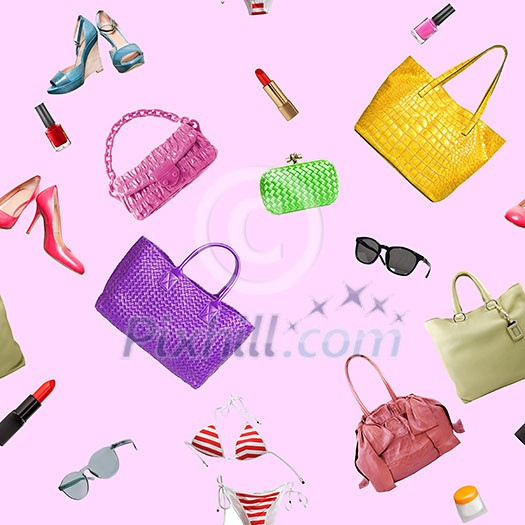 seamless pattern of collection women's accessories. Handbag, shoes, purse and lipstick isolated on pink seamless pattern of collection women's accessories. Handbag, shoes, purse and lipstick isolated on pink
