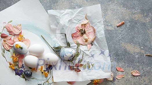 Creative Easter composition on white paper decorated with dry flowers and leaves with white and blue eggs on a concrete texture flat lay