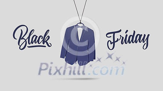 blue label in shape of man's tuxedo made of cardboard on a gray background. the concept of selling out. calligraphic text Black Friday blue label in shape of man's tuxedo made of cardboard on a gray background. the concept of selling out. calligraphic text Black Friday