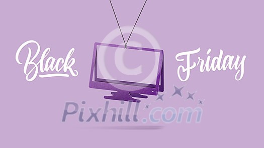 a label in shape of the television set or computer monitor made of cardboard on a purple background. calligraphic text is black Friday. The concept of sales a label in shape of the television set or computer monitor made of cardboard on a purple background. calligraphic text is black Friday. The concept of sales