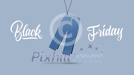 lable in shape of mens pants made of cardboard on a blue background.a Calligraphic text black Friday and sales concept lable in shape of mens pants made of cardboard on a blue background.a Calligraphic text black Friday and sales concept