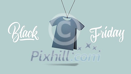 lable in shape t-shirt made of cardboard on a blue background.a Calligraphic text black Friday and sales concept lable in shape t-shirt made of cardboard on a blue background.a Calligraphic text black Friday and sales concept