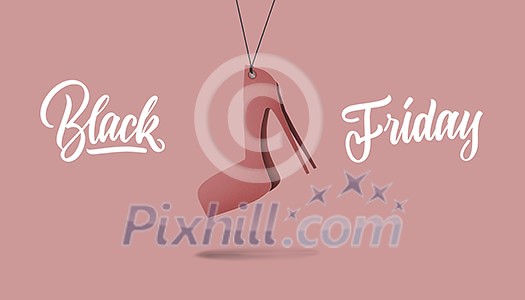 red lable in shape womens shoe on high hill made of cardboard on a blue background.a Calligraphic text black Friday and sales concept red lable in shape womens shoe on high hill made of cardboard on a blue background.a Calligraphic text black Friday and sales concept