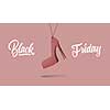 red lable in shape womens shoe on high hill made of cardboard on a blue background.a Calligraphic text black Friday and sales concept
