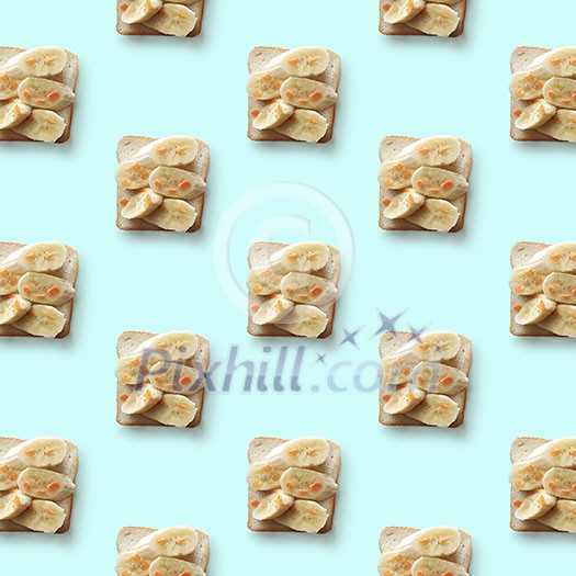 sandwiches with banana on blue background, pattern flat lay sandwiches with banana on blue background, pattern flat lay
