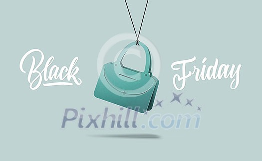 a label in shape of the fashion womens handbag made of cardboard on a purple background. calligraphic text is black Friday. The concept of sales a label in shape of the fashion womens handbag made of cardboard on a purple background. calligraphic text is black Friday. The concept of sales