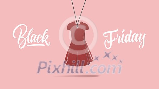 a label in shape of the fashion womens dress made of cardboard on a purple background. calligraphic text is black Friday. The concept of sales a label in shape of the fashion womens dress made of cardboard on a purple background. calligraphic text is black Friday. The concept of sales