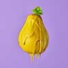 pear with a green leaf and with a flowing yellow paint on a purple background