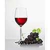 a bunch of blue vines and a glass of red wine on a white background