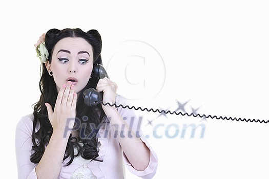 beautiful young woman girl talking on old phone isolated on white in studio