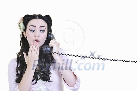 beautiful young woman girl talking on old phone isolated on white in studio beautiful young woman girl talking on old phone isolated on white in studio
