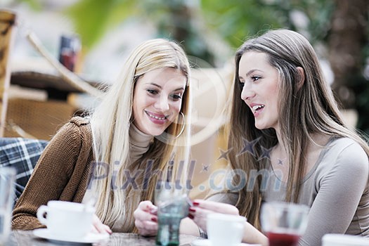 very cute smiling women drinking a coffee sitting inside in cafe restaurant very cute smiling women drinking a coffee sitting inside in cafe restaurant