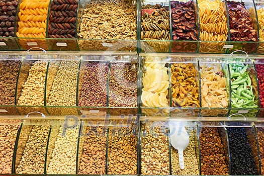 fresh various nuts and dried fruits in the store fresh various nuts and dried fruits in the store