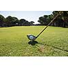 golf player placing ball on tee. beautiful sunrise on golf course landscape  in background