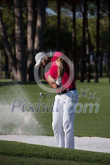 golf player shot ball from sand bunker at course golf player shot ball from sand bunker at course