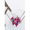 child outdoor in park at winter day with fresh snow, cute little girl swing and playing