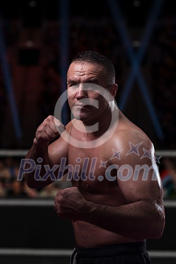 professional kickboxer with hands in martial arts position training for the fight in the training ring professional kickboxer with hands in martial arts position training for the fight in the training ring