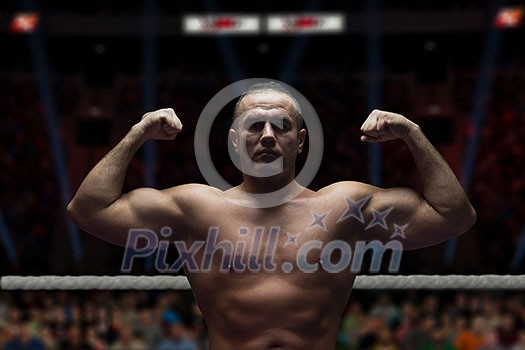 professional kickboxer with hands in martial arts position training for the fight in the training ring professional kickboxer with hands in martial arts position training for the fight in the training ring