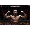 professional kickboxer with hands in martial arts position training for the fight in the training ring