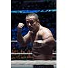 professional kickboxer with hands in martial arts position training for the fight in the training ring