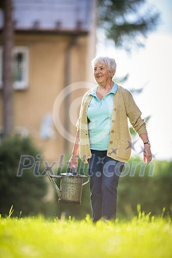Senior woman doing some gardening in her lovely garden Senior woman doing some gardening in her lovely garden