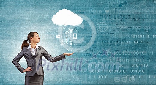 Attractive businesswoman catching with hand icons falling out of cloud Attractive businesswoman catching with hand icons falling out of cloud