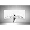 Rear view of builder man drawing construction project on white banner