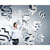 Attractive businesswoman pushing dollar icon on media screen