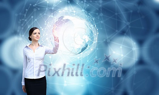 Attractive businesswoman touching with finger virtual interface screen Attractive businesswoman touching with finger virtual interface screen