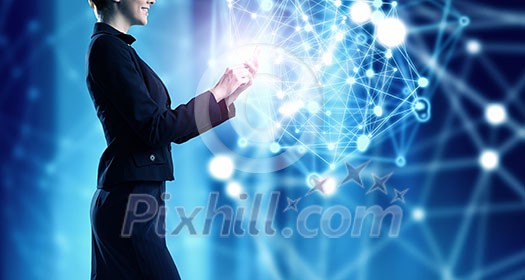 Businesswoman with mobile phone against high tech background Businesswoman with mobile phone against high tech background