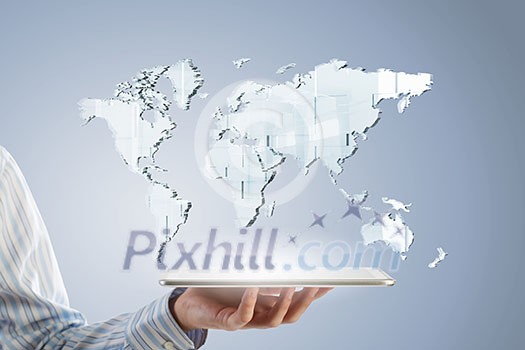 Businessman hands holding tablet with world map on screen Businessman hands holding tablet with world map on screen