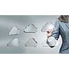 Businesswoman pushing with stylus glass cloud icon on screen