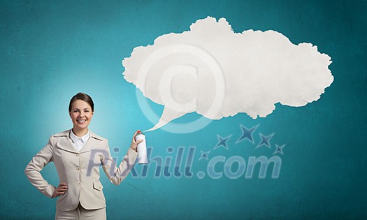 Pretty businesswoman spraying white speech cloud from container Pretty businesswoman spraying white speech cloud from container