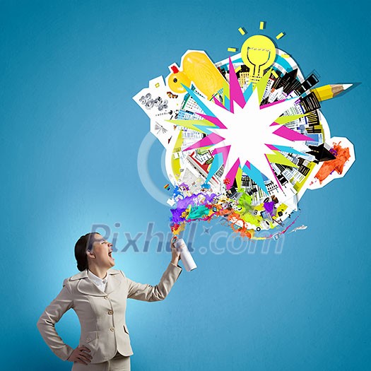 Young businesswoman with suitcase in hand using spray balloon. Elements of this image are furnished by NASA Young businesswoman with suitcase in hand using spray balloon. Elements of this image are furnished by NASA