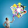 Young businesswoman with suitcase in hand using spray balloon. Elements of this image are furnished by NASA