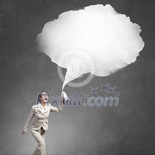 Pretty businesswoman spraying white speech cloud from container Pretty businesswoman spraying white speech cloud from container