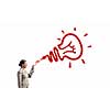 Young businesswoman spraying idea bulb from aerosol balloon