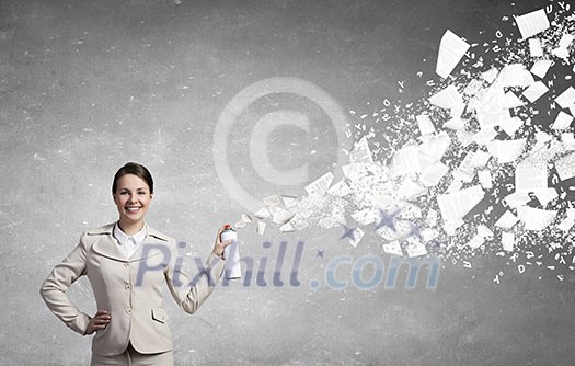 Young woman in suit with suitcase spraying paper sheets Young woman in suit with suitcase spraying paper sheets