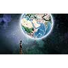 Businesswoman standing on chair and reaching Earth planet. Elements of this image are furnished by NASA