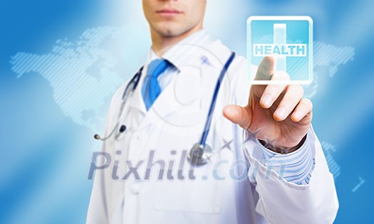 Unrecognizable male doctor with stethoscope working with virtual screen panel Unrecognizable male doctor with stethoscope working with virtual screen panel