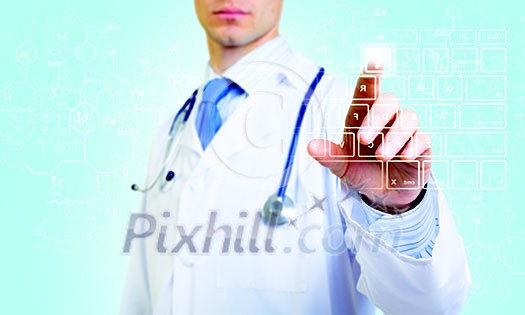 Unrecognizable male doctor with stethoscope working with virtual screen panel Unrecognizable male doctor with stethoscope working with virtual screen panel