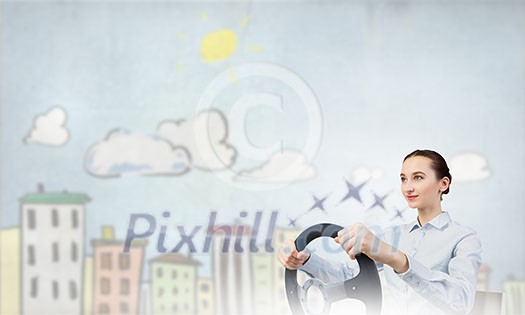 Young smiling pretty woman driving steering wheel Young smiling pretty woman driving steering wheel