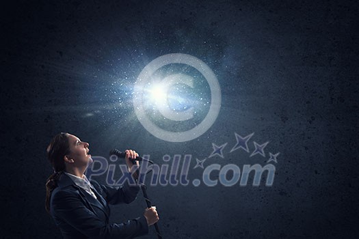 Woman reporter with microphone gesturing with hand Woman reporter with microphone gesturing with hand