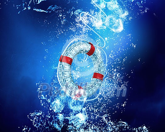 Life insurance concept with life buoy sink in clear blue water Life insurance concept with life buoy sink in clear blue water