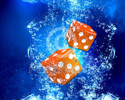 Conceptual image with dice cubes in clear blue water Conceptual image with dice cubes in clear blue water