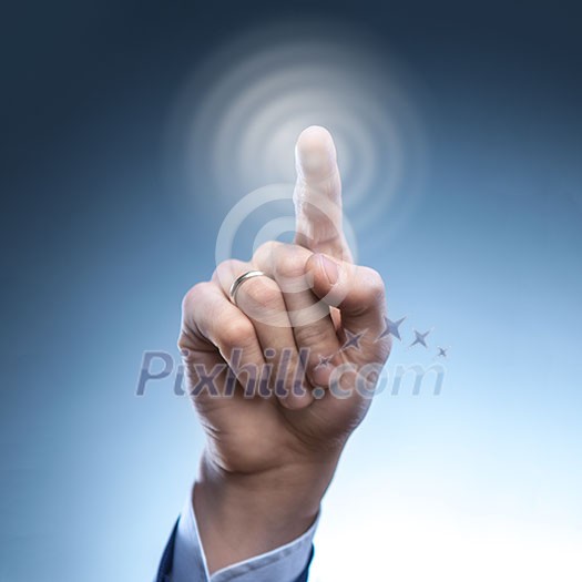 hand of a man pressing high tech type of modern button on a virtual background hand of a man pressing high tech type of modern button on a virtual background
