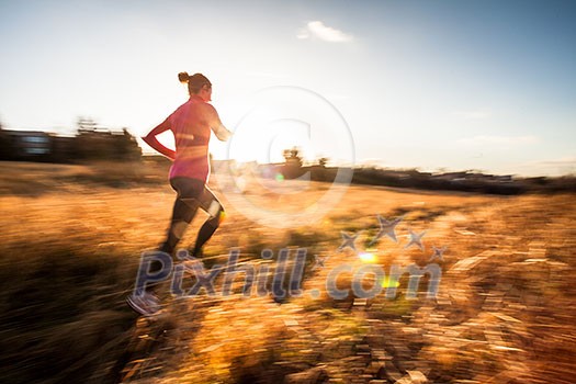 Young woman running outdoors on a lovely sunny winter/fall day (motion blurred image) Young woman running outdoors on a lovely sunny winter/fall day (motion blurred image)