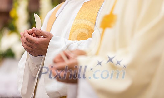 Priest during a wedding ceremony/nuptial mass (shallow DOF; color toned image) Priest during a wedding ceremony/nuptial mass (shallow DOF; color toned image)