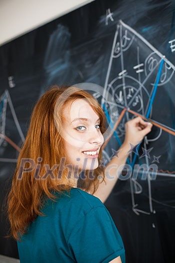 Portrait of a pretty young college student writing on the blackboard during a maths class (color toned image) Portrait of a pretty young college student writing on the blackboard during a maths class (color toned image)