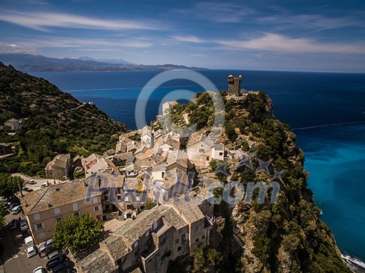 Aerial view of the beautiful village of Nonza, in Cap Corse, Corsica, France Aerial view of the beautiful village of Nonza, in Cap Corse, Corsica, France
